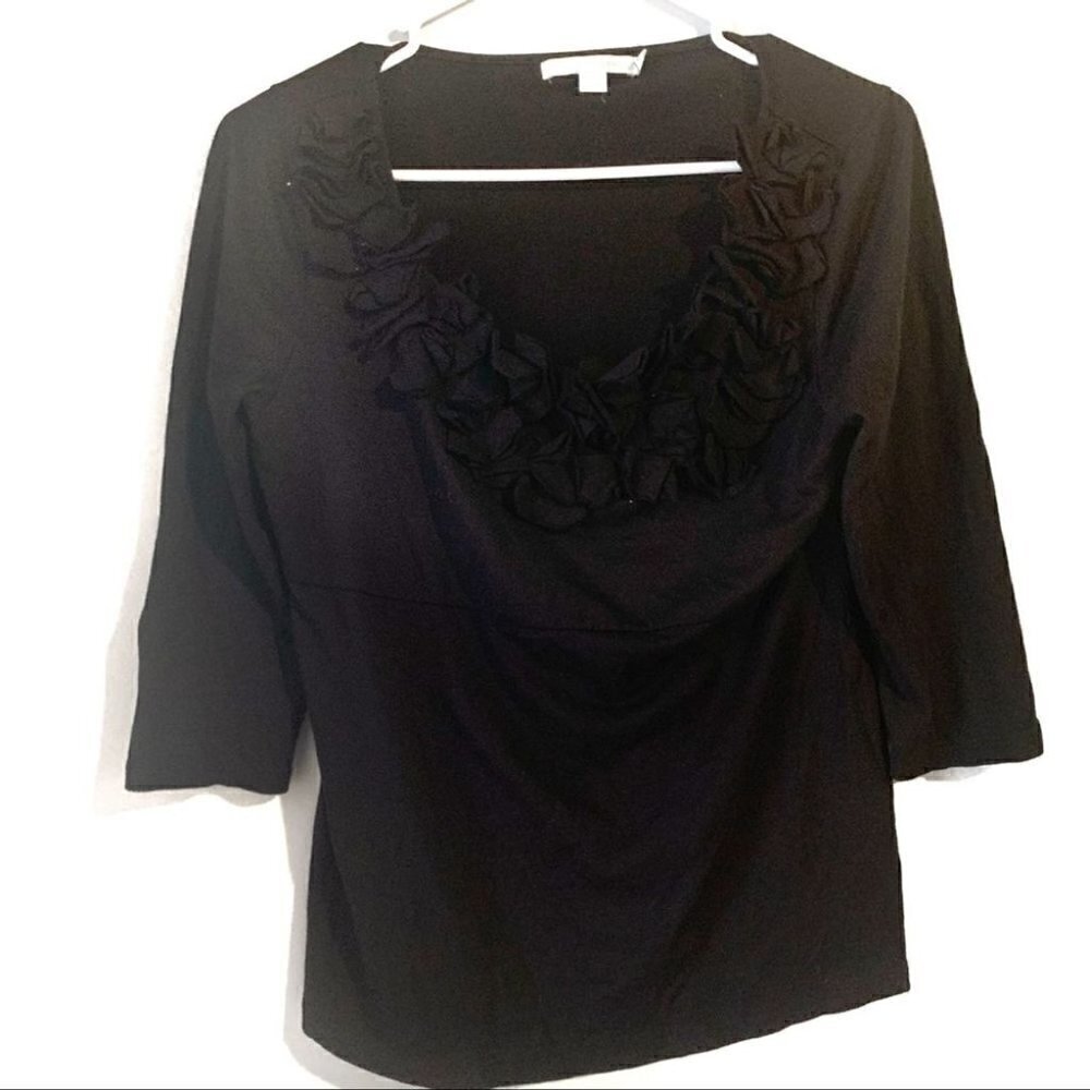 Boden Black Shirt 3/4 Sleeve Floral Ruffle Shirt